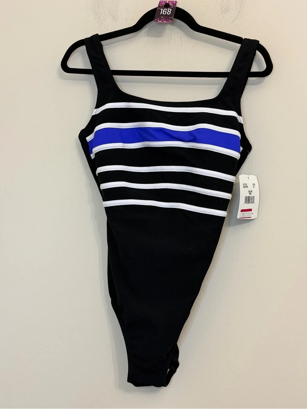 Longitude Women’s One Piece Swimsuit Size 10 Black Blue White Stripe NWT
